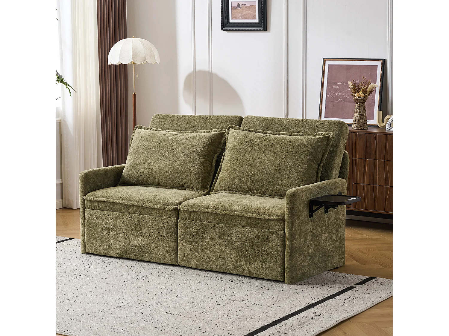 Canapé 2 places avec rangement en tissu chenille vert