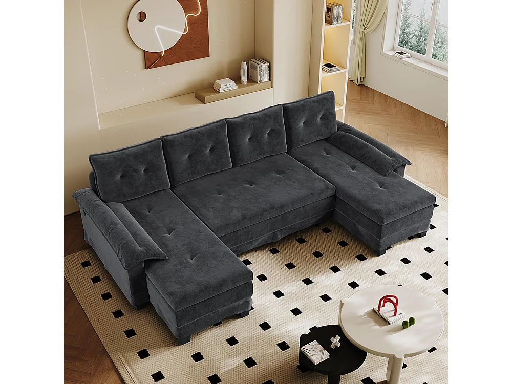 Canapé d'angle convertible 4 places en tissu gris