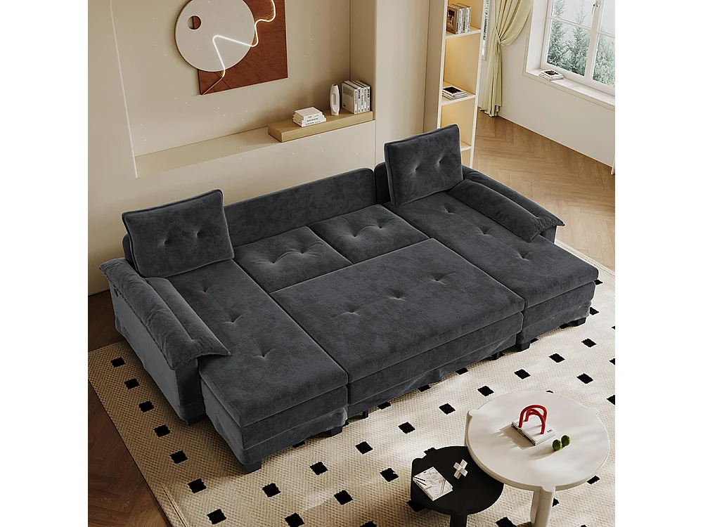 Canapé d'angle convertible 4 places en tissu gris
