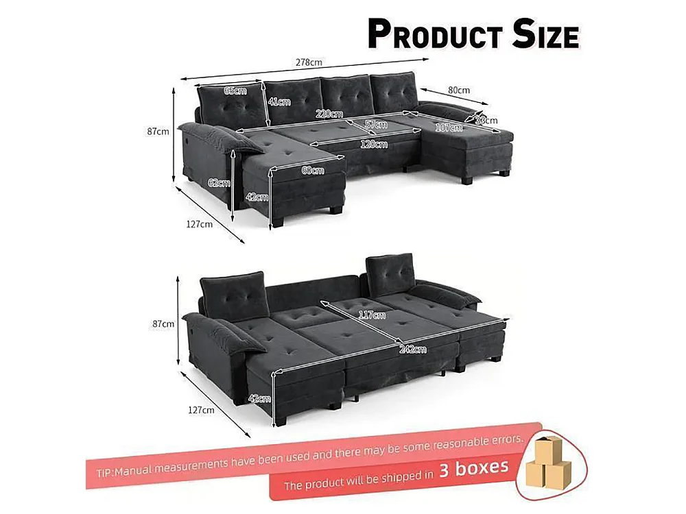 Canapé d'angle convertible 4 places en tissu gris