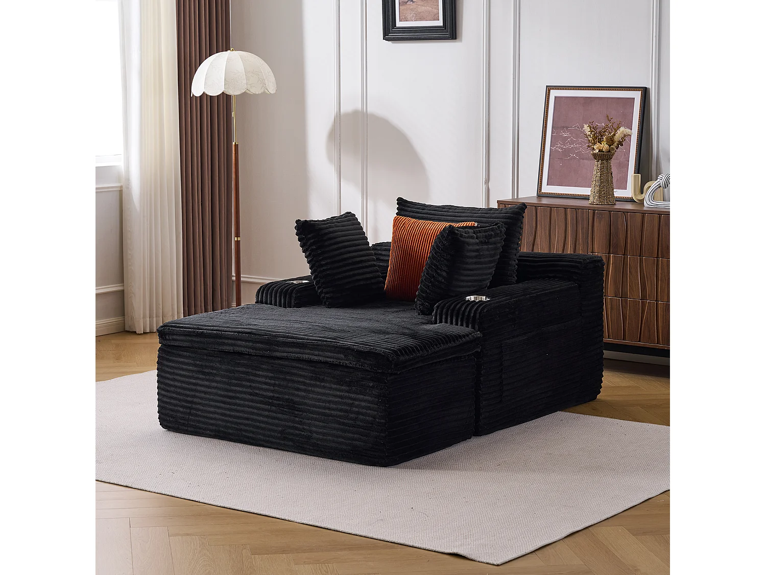 Canapé corduroy – montage facile, 3 coussins + porte-gobelets, coussin 2en1 couverture,noir