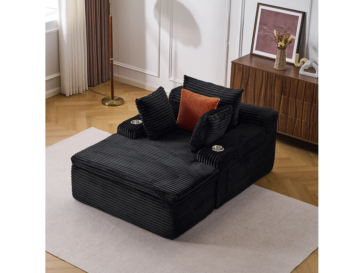 Canapé corduroy – montage facile, 3 coussins + porte-gobelets, coussin 2en1 couverture,noir