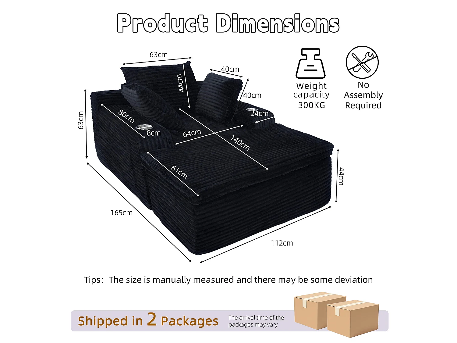 Canapé corduroy – montage facile, 3 coussins + porte-gobelets, coussin 2en1 couverture,noir