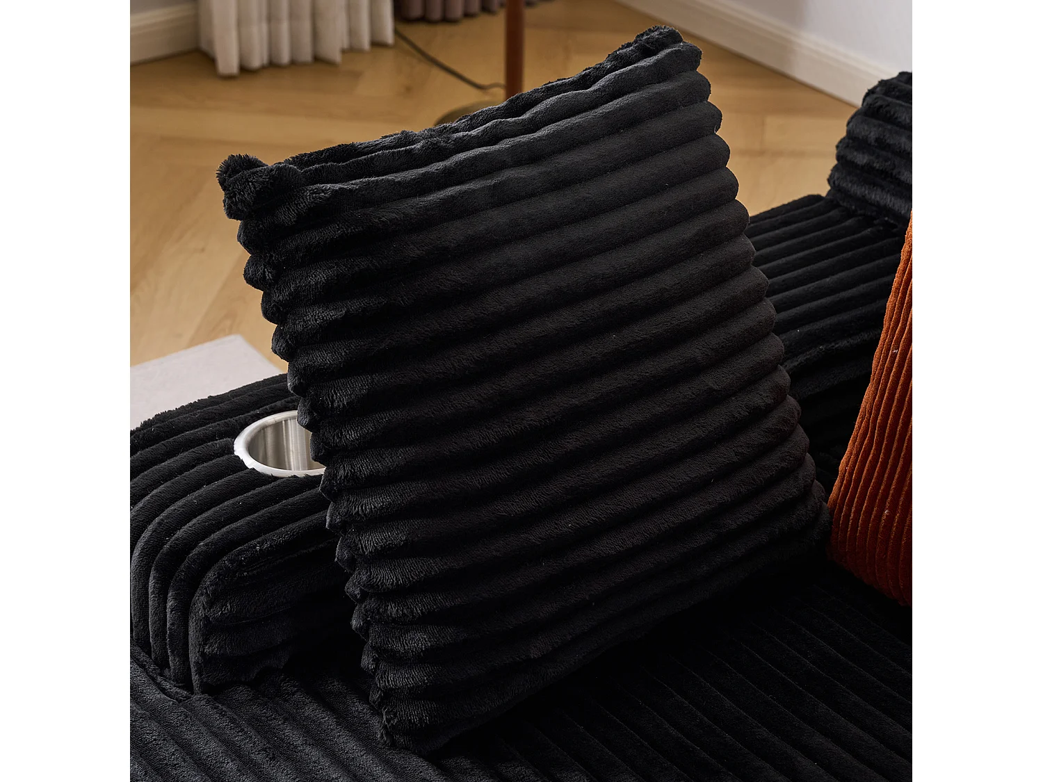 Canapé corduroy – montage facile, 3 coussins + porte-gobelets, coussin 2en1 couverture,noir