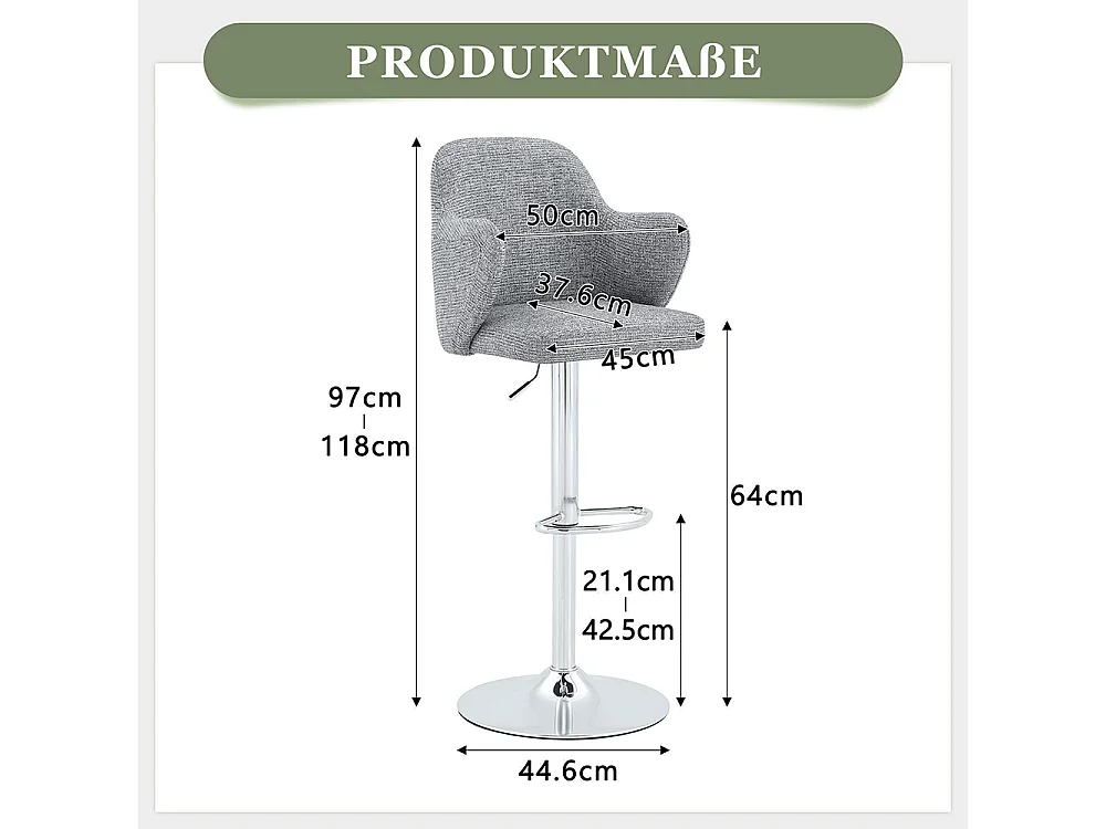 Ensemble de tabourets réglables (lot de 2), style moderne, avec accoudoirs, pivotants à 360°, hauteur réglable, gris