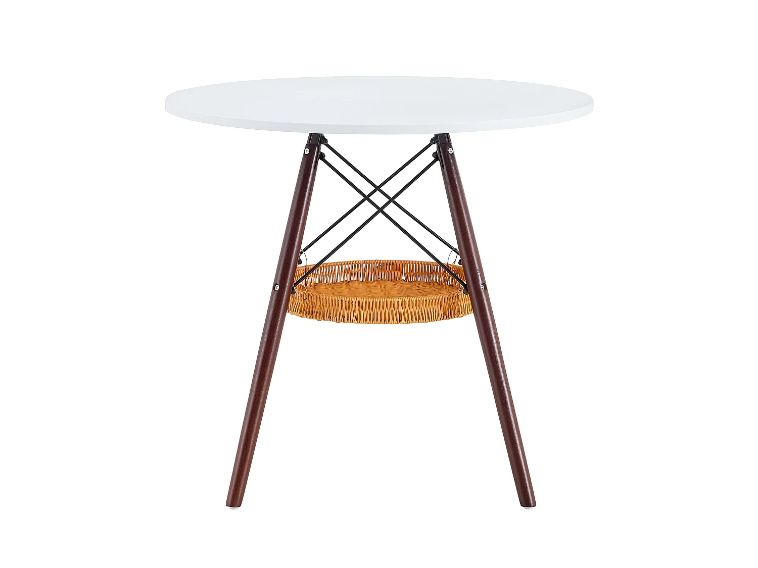 Mesa de jantar redonda, tampo branco, pés cor de nogueira, com uma estrutura de arrumação suspensa em vime, nogueira + branco