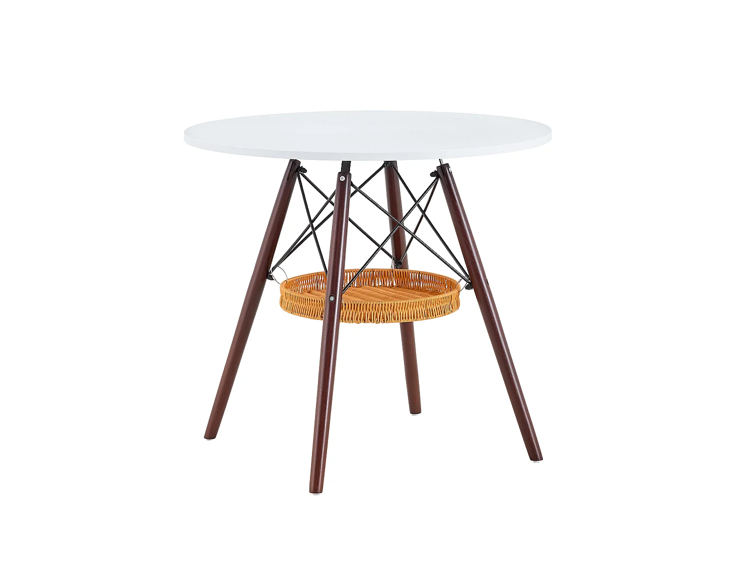 Mesa de jantar redonda, tampo branco, pés cor de nogueira, com uma estrutura de arrumação suspensa em vime, nogueira + branco