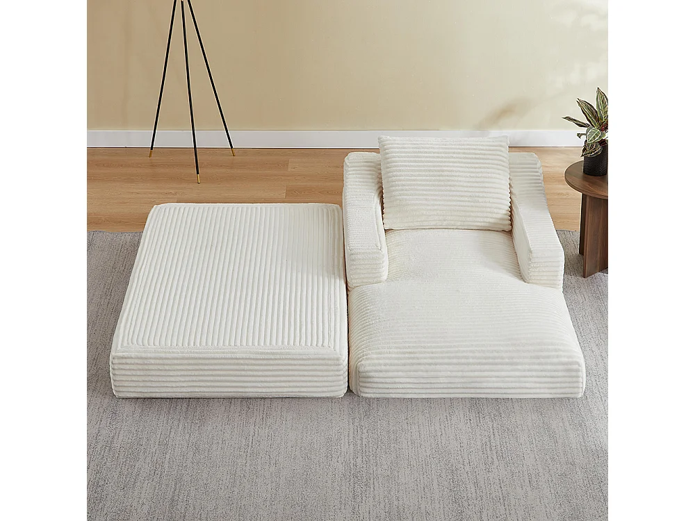 Divano relax, spaziosa poltrona letto singola, in velluto a coste, design a due livelli, trasformabile in letto, bianco