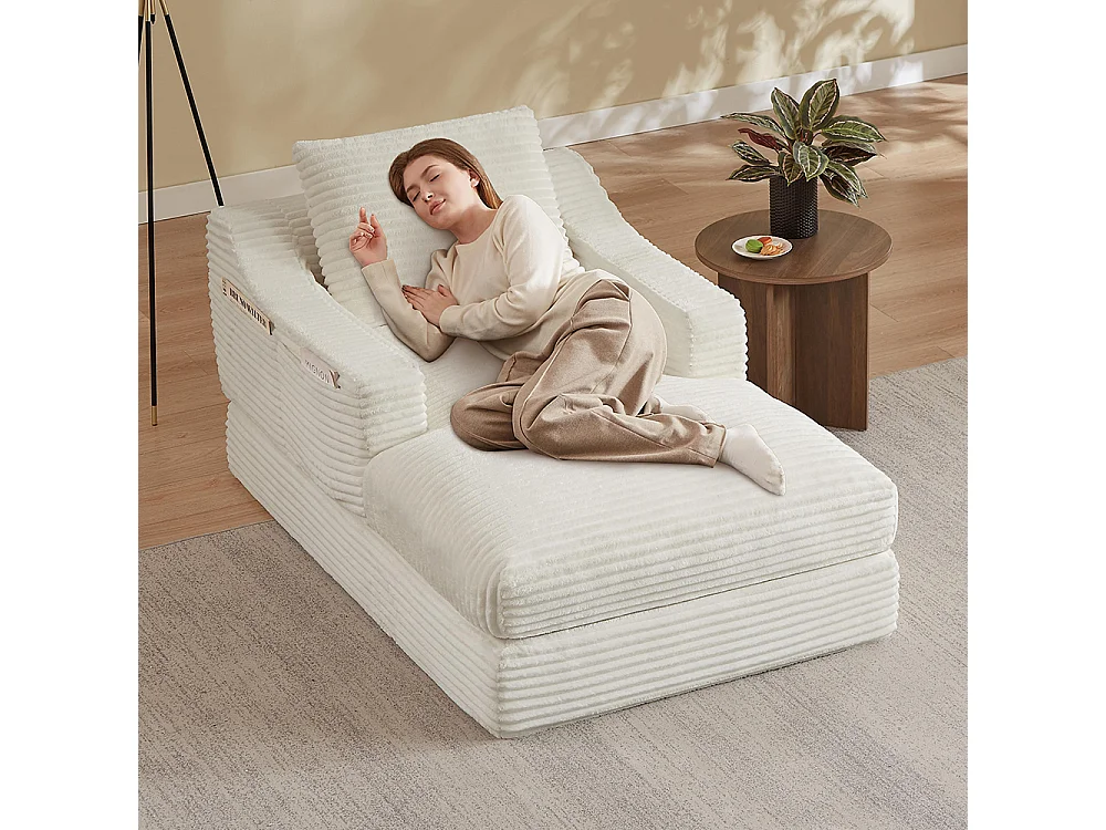 Divano relax, spaziosa poltrona letto singola, in velluto a coste, design a due livelli, trasformabile in letto, bianco