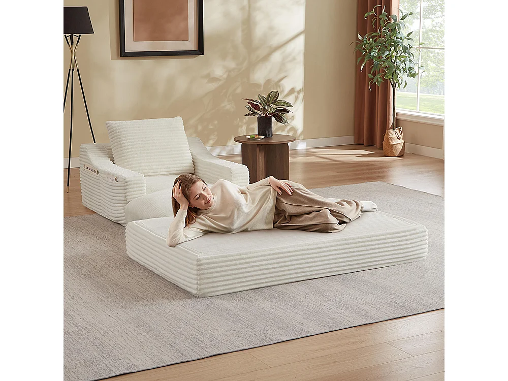 Divano relax, spaziosa poltrona letto singola, in velluto a coste, design a due livelli, trasformabile in letto, bianco