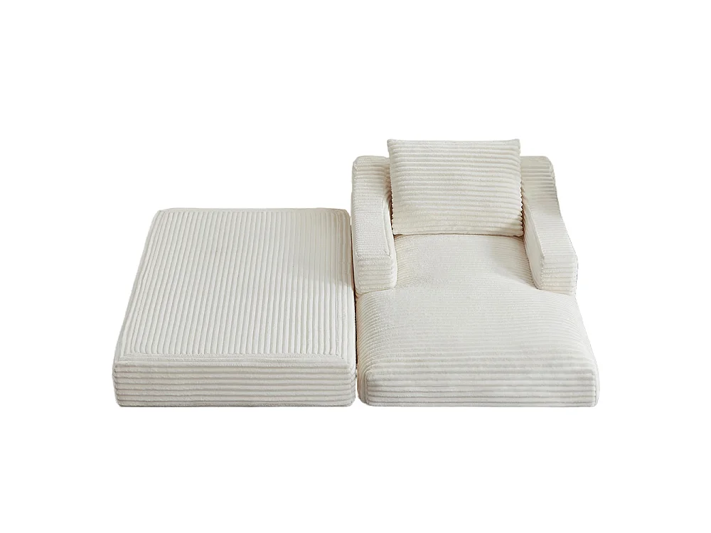 Divano relax, spaziosa poltrona letto singola, in velluto a coste, design a due livelli, trasformabile in letto, bianco