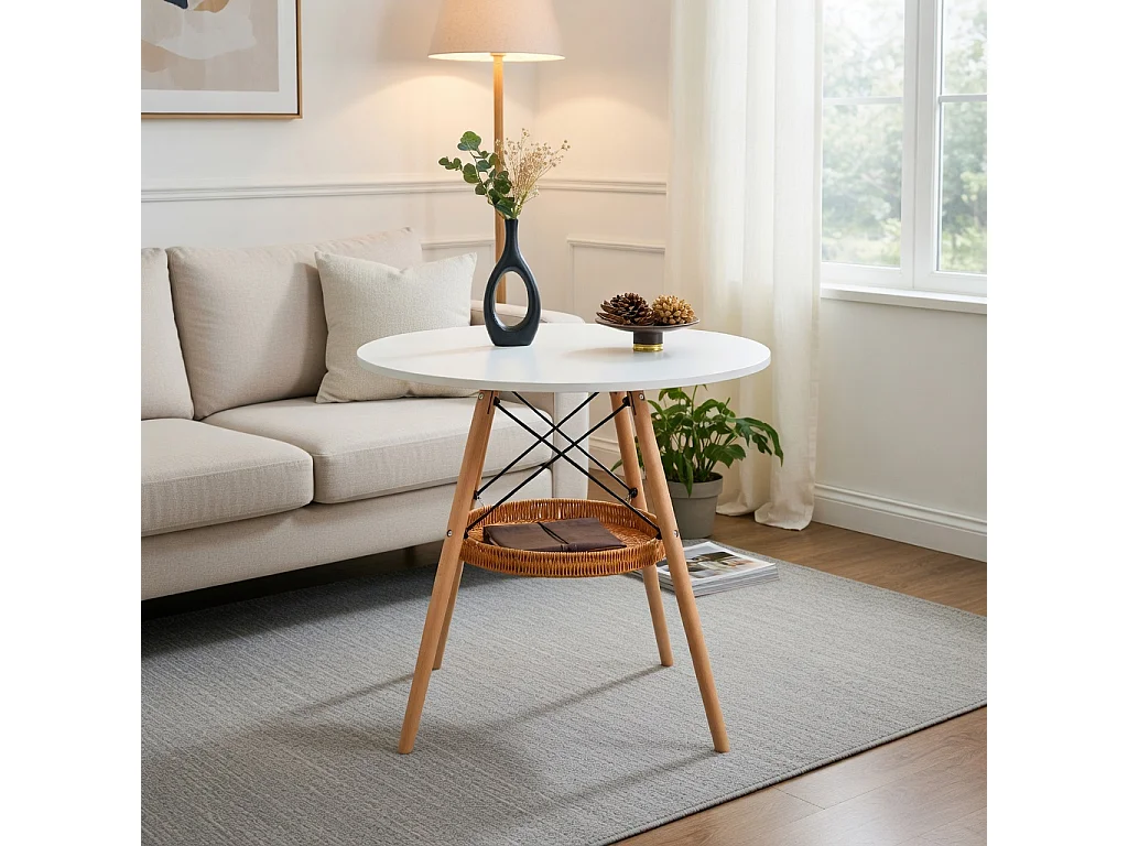 Table à manger ronde, plateau en MDF, pieds en bois massif, avec une structure de rangement suspendue en osier, blanc et couleur naturelle