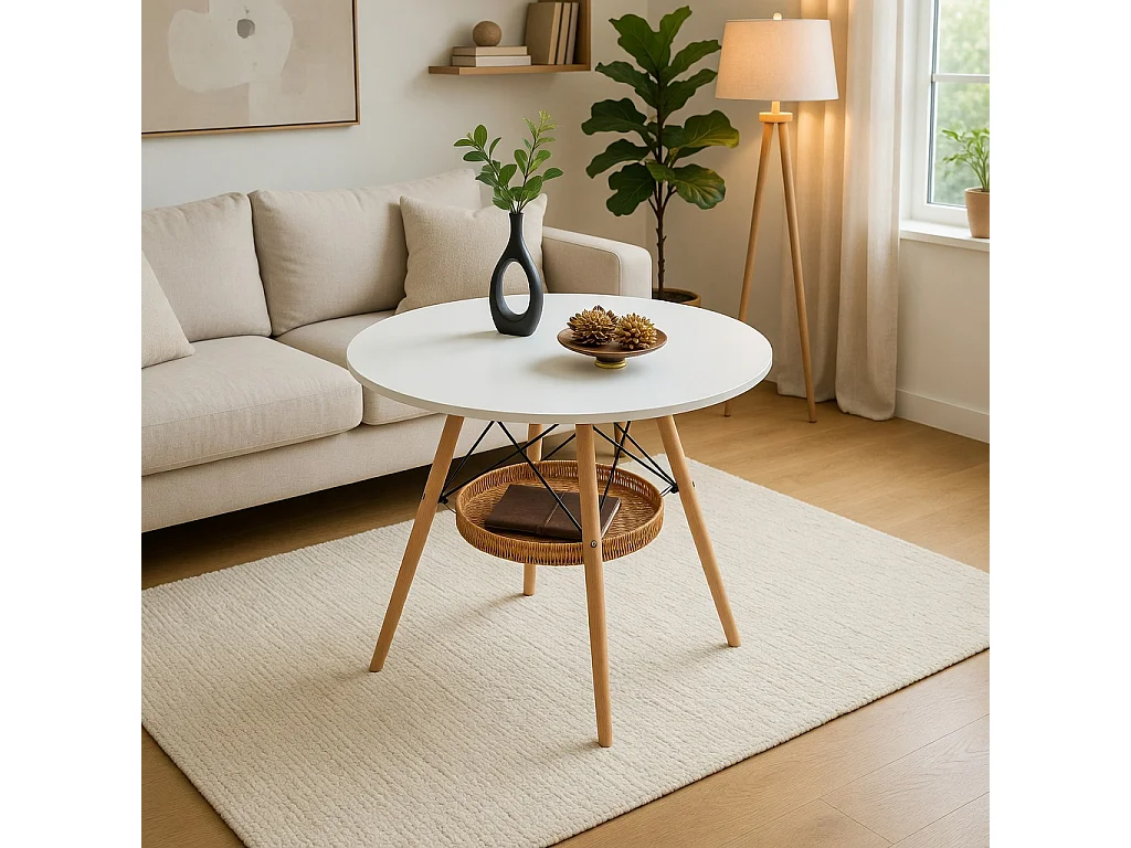 Table à manger ronde, plateau en MDF, pieds en bois massif, avec une structure de rangement suspendue en osier, blanc et couleur naturelle
