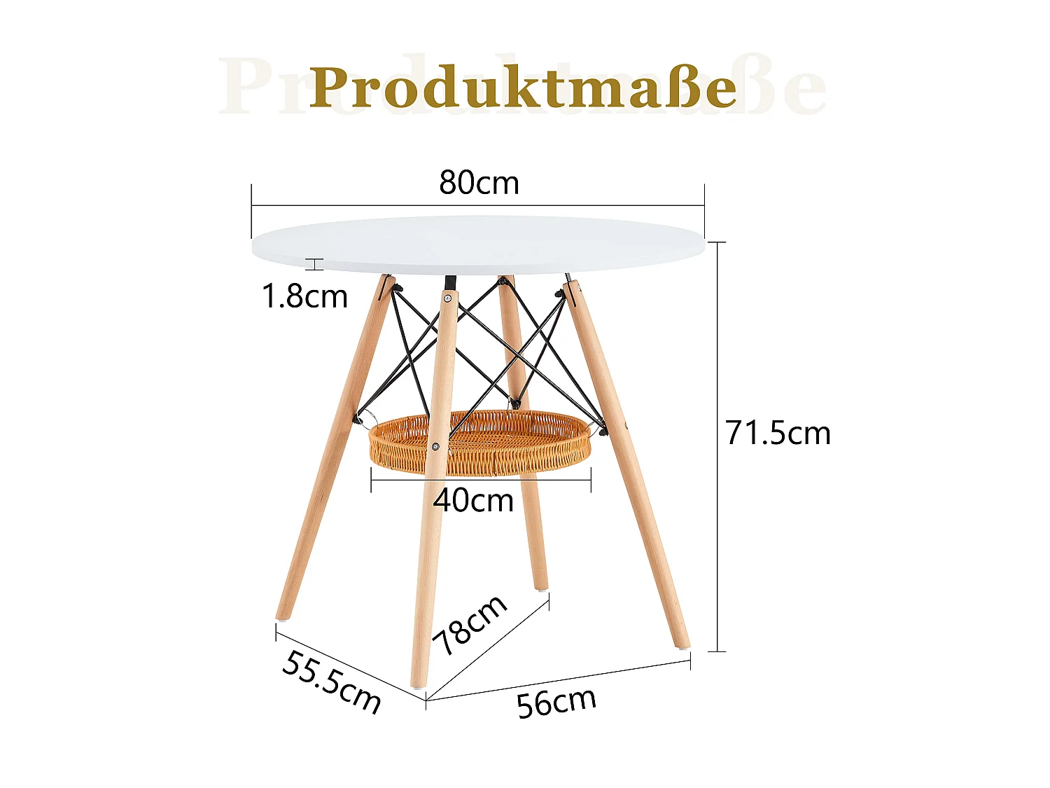 Table à manger ronde, plateau en MDF, pieds en bois massif, avec une structure de rangement suspendue en osier, blanc et couleur naturelle