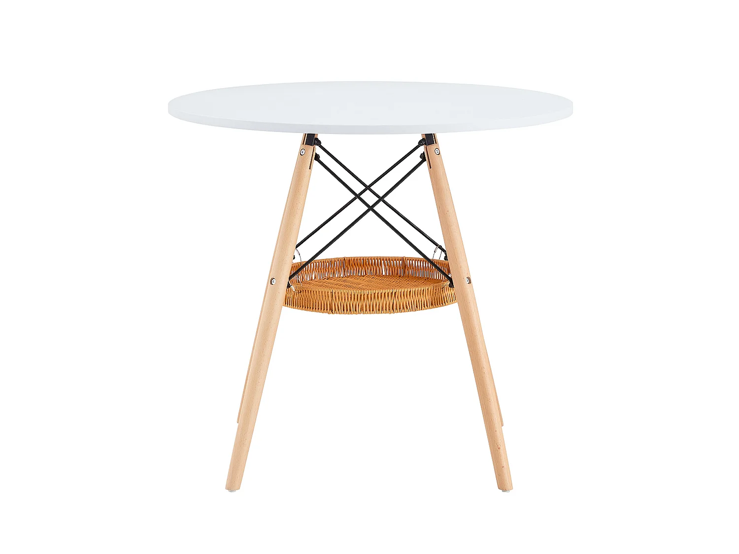 Table à manger ronde, plateau en MDF, pieds en bois massif, avec une structure de rangement suspendue en osier, blanc et couleur naturelle