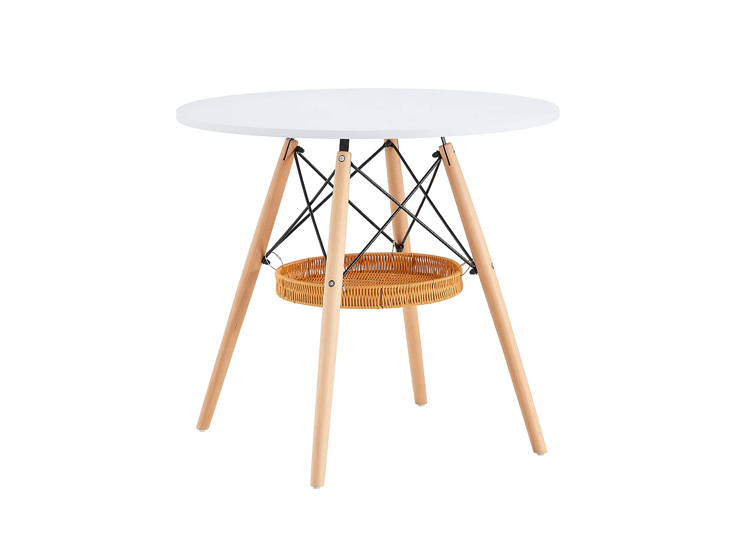 Table à manger ronde, plateau en MDF, pieds en bois massif, avec une structure de rangement suspendue en osier, blanc et couleur naturelle