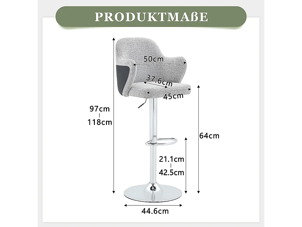 Ensemble de tabourets réglables (lot de 2), style moderne avec accoudoirs, pivotants à 360°, hauteur réglable, gris clair + noir