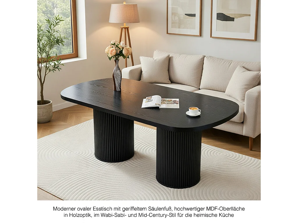 Table à manger ovale, dotée de pieds cylindriques rainurés, avec un plateau en MDF imitation bois de haute qualité, noir