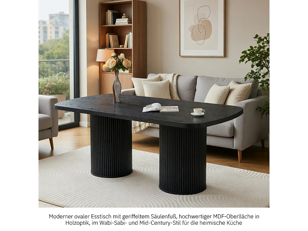 Table à manger ovale, dotée de pieds cylindriques rainurés, avec un plateau en MDF imitation bois de haute qualité, noir