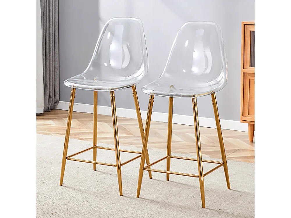 Conjunto de taburetes transparentes, juego de 2, con estructura metálica (solo taburetes, mesa no incluida), dorado