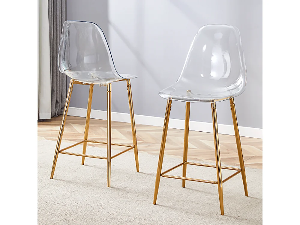 Conjunto de taburetes transparentes, juego de 2, con estructura metálica (solo taburetes, mesa no incluida), dorado