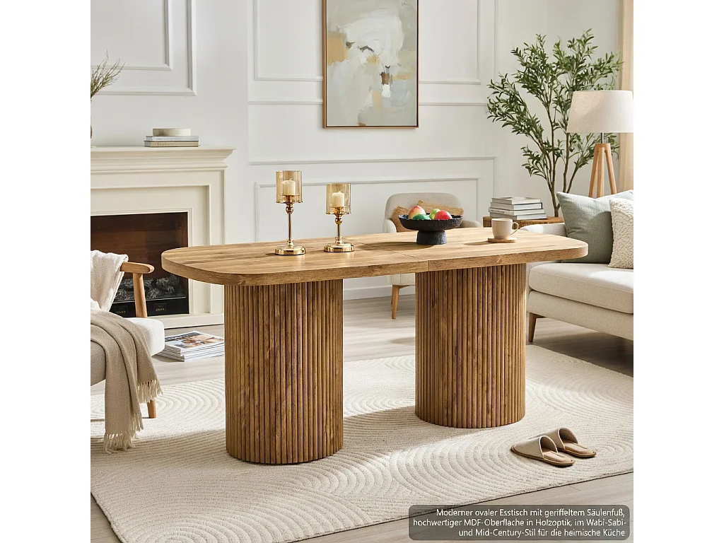 Table à manger ovale, dotée de pieds cylindriques rainurés, avec un plateau en MDF imitation bois de haute qualité, Couleur naturelle