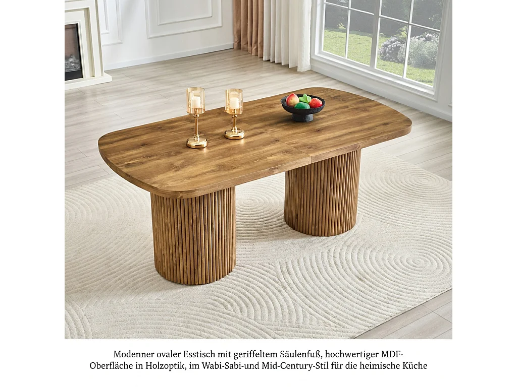 Table à manger ovale, dotée de pieds cylindriques rainurés, avec un plateau en MDF imitation bois de haute qualité, Couleur naturelle
