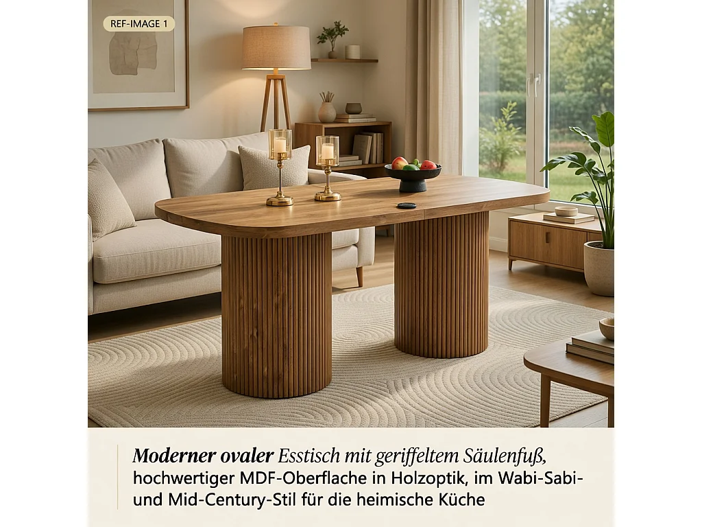 Table à manger ovale, dotée de pieds cylindriques rainurés, avec un plateau en MDF imitation bois de haute qualité, Couleur naturelle