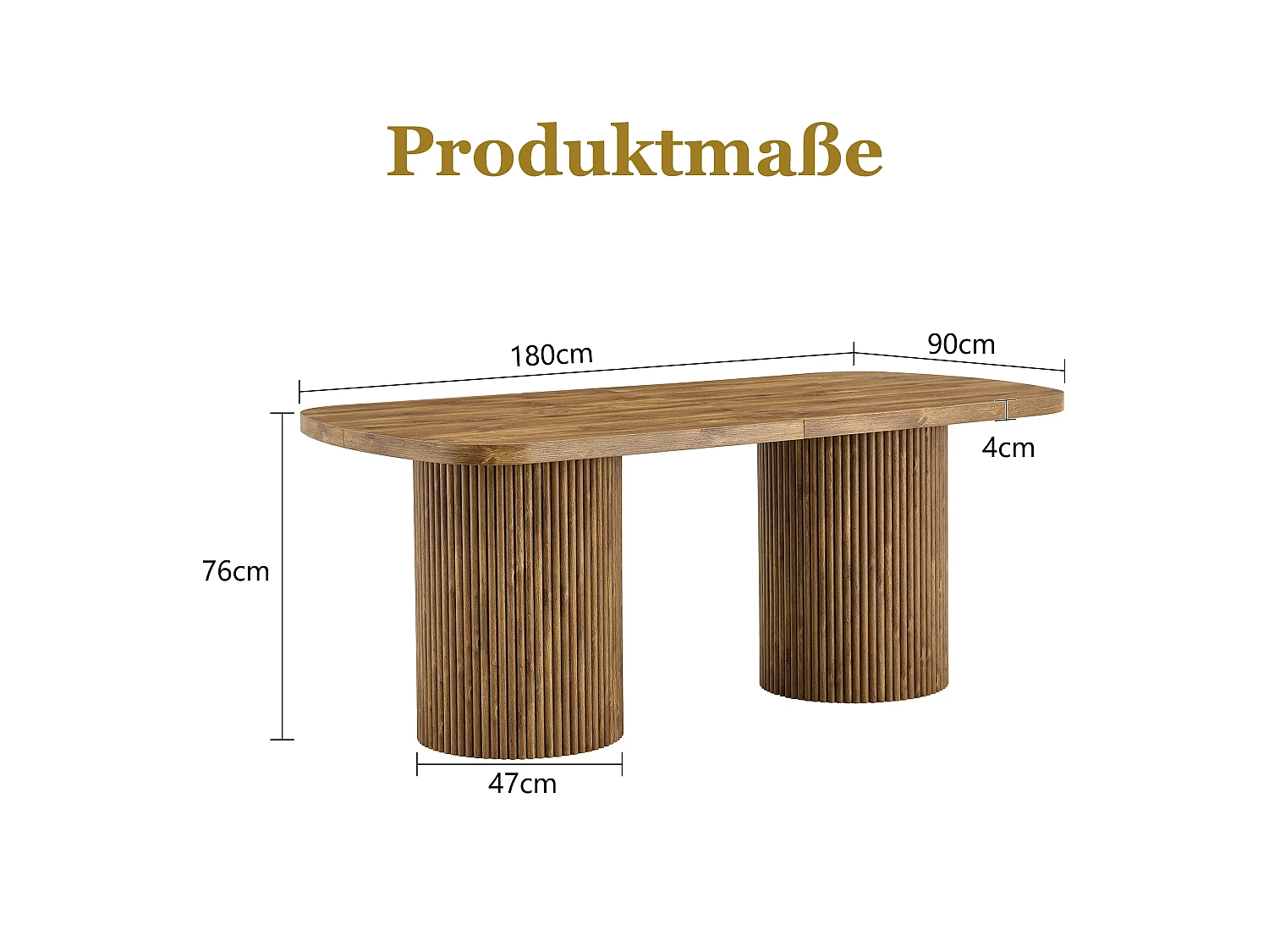 Table à manger ovale, dotée de pieds cylindriques rainurés, avec un plateau en MDF imitation bois de haute qualité, Couleur naturelle