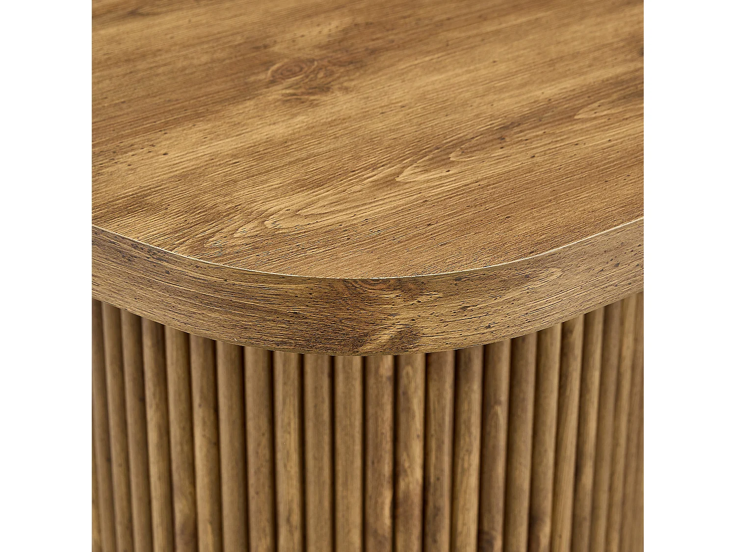 Table à manger ovale, dotée de pieds cylindriques rainurés, avec un plateau en MDF imitation bois de haute qualité, Couleur naturelle
