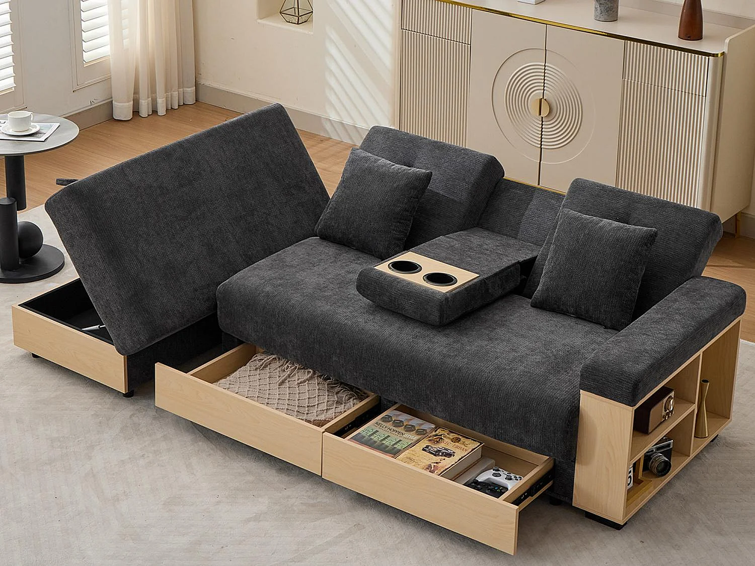 Canapé Convertible d'Angle en Chenille Noir - Design Moderne avec Coffre de Rangement Hydraulique, 2 Tiroirs et Porte-Gobelet - 217x110x90cm