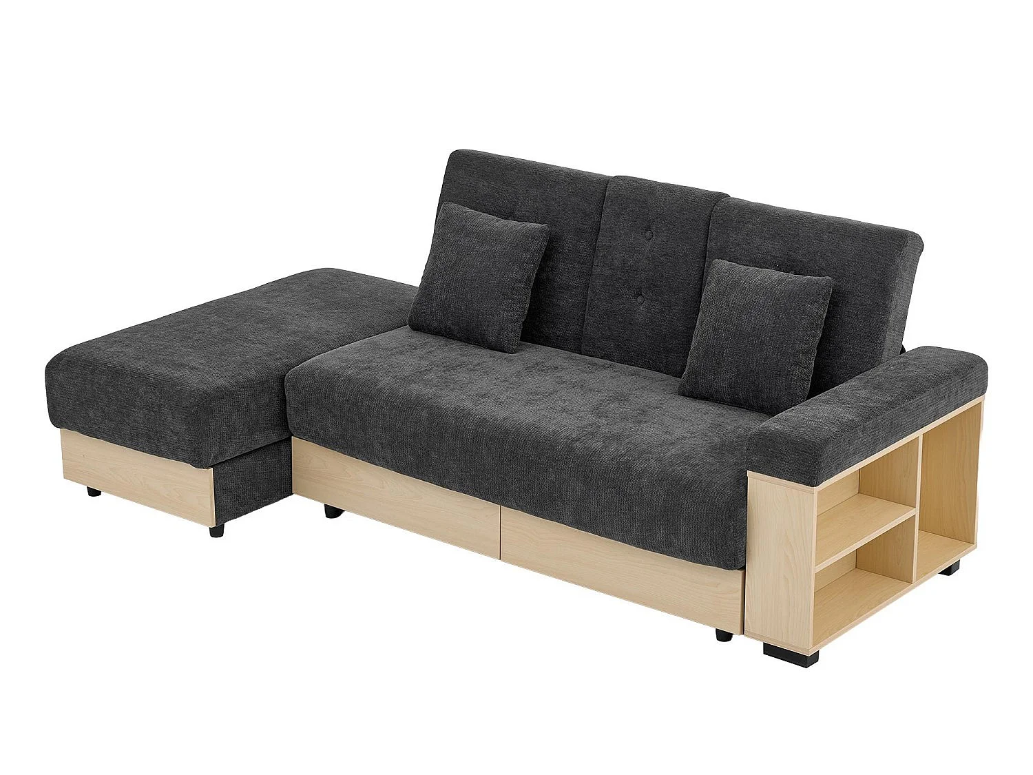 Canapé Convertible d'Angle en Chenille Noir - Design Moderne avec Coffre de Rangement Hydraulique, 2 Tiroirs et Porte-Gobelet - 217x110x90cm