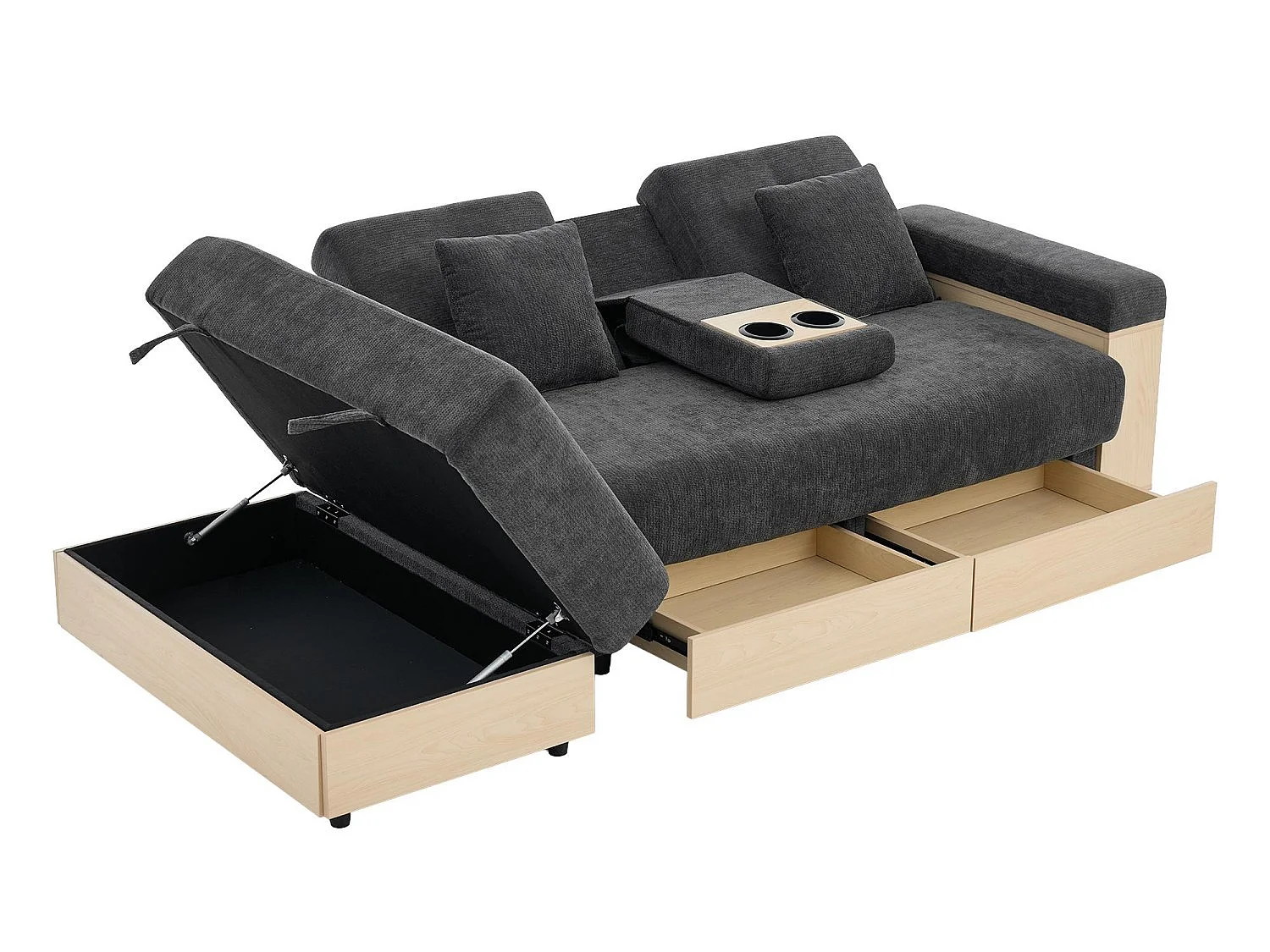 Canapé Convertible d'Angle en Chenille Noir - Design Moderne avec Coffre de Rangement Hydraulique, 2 Tiroirs et Porte-Gobelet - 217x110x90cm