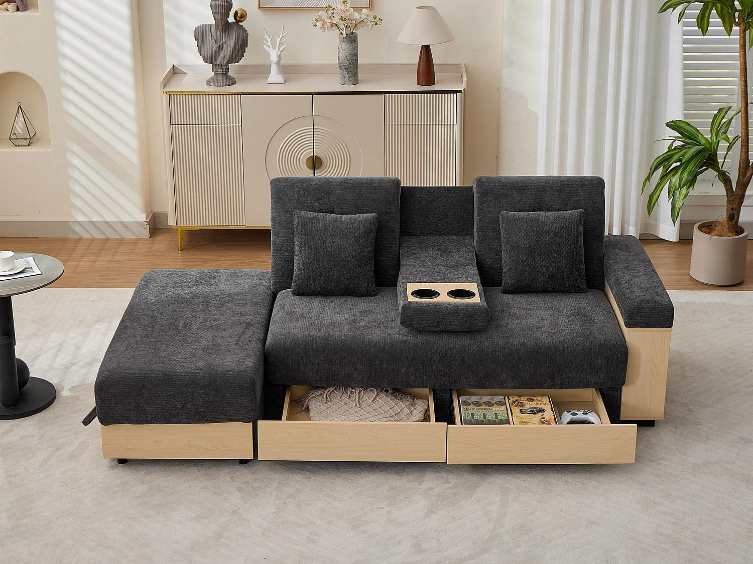 Canapé Convertible d'Angle en Chenille Noir - Design Moderne avec Coffre de Rangement Hydraulique, 2 Tiroirs et Porte-Gobelet - 217x110x90cm