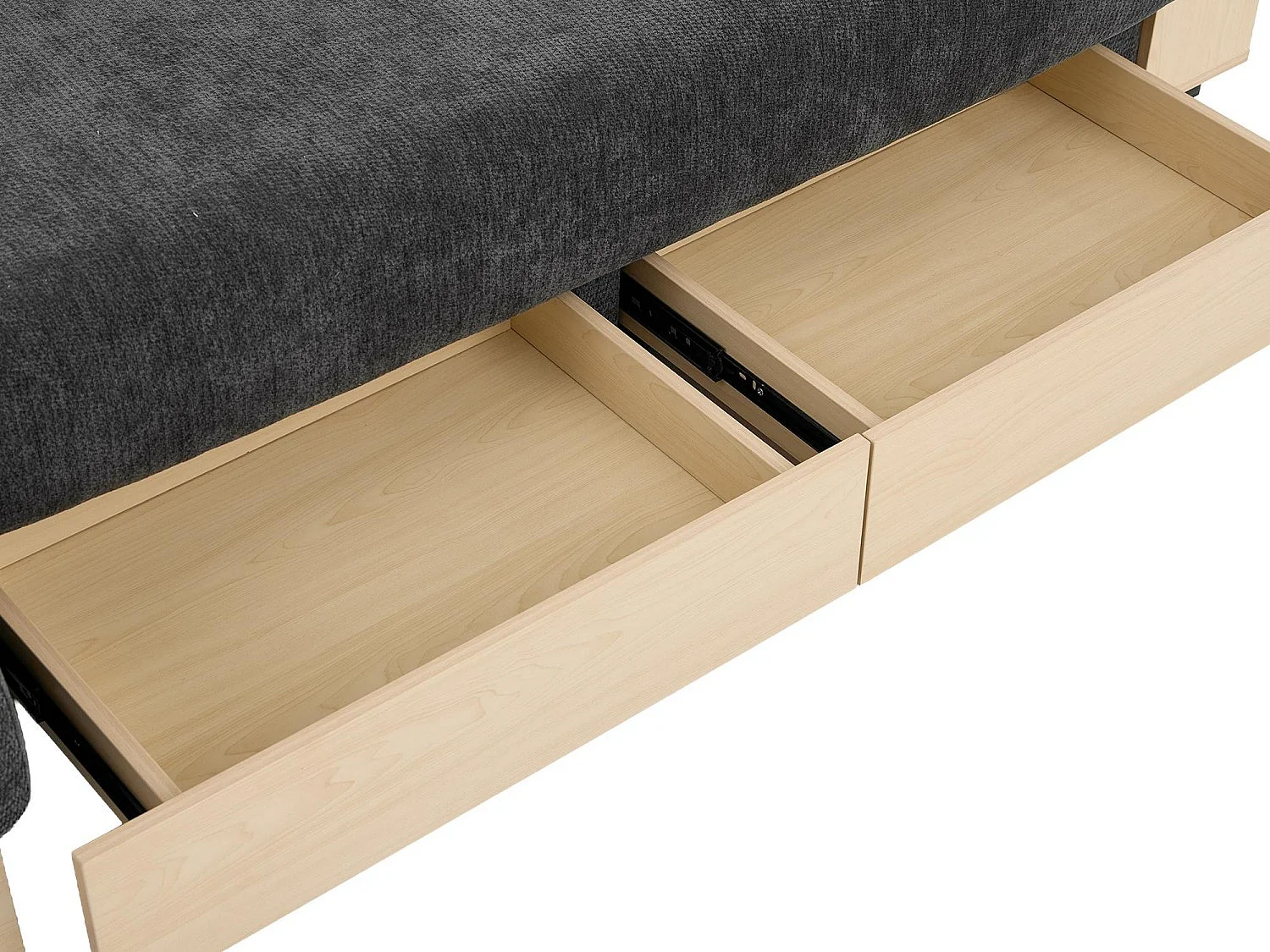 Canapé Convertible d'Angle en Chenille Noir - Design Moderne avec Coffre de Rangement Hydraulique, 2 Tiroirs et Porte-Gobelet - 217x110x90cm