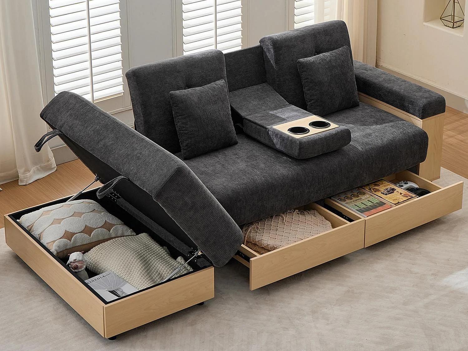 Canapé Convertible d'Angle en Chenille Noir - Design Moderne avec Coffre de Rangement Hydraulique, 2 Tiroirs et Porte-Gobelet - 217x110x90cm