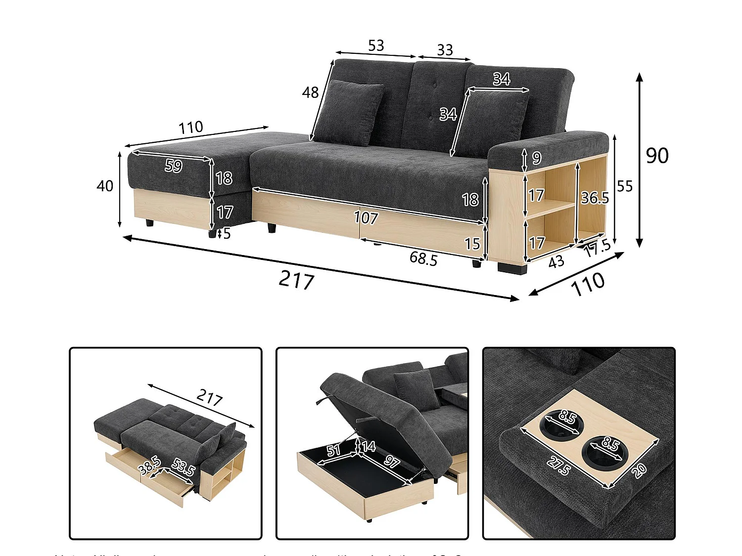 Canapé Convertible d'Angle en Chenille Noir - Design Moderne avec Coffre de Rangement Hydraulique, 2 Tiroirs et Porte-Gobelet - 217x110x90cm