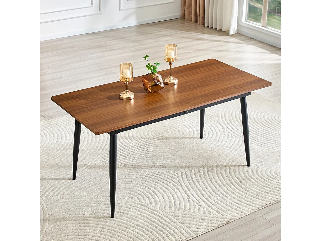 Table de cuisine rectangulaire, finition imitation bois, pieds en métal, pouvant accueillir 6 à 8 personnes, couleur noyer