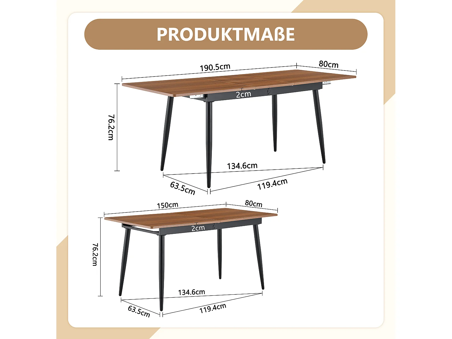 Table de cuisine rectangulaire, finition imitation bois, pieds en métal, pouvant accueillir 6 à 8 personnes, couleur noyer