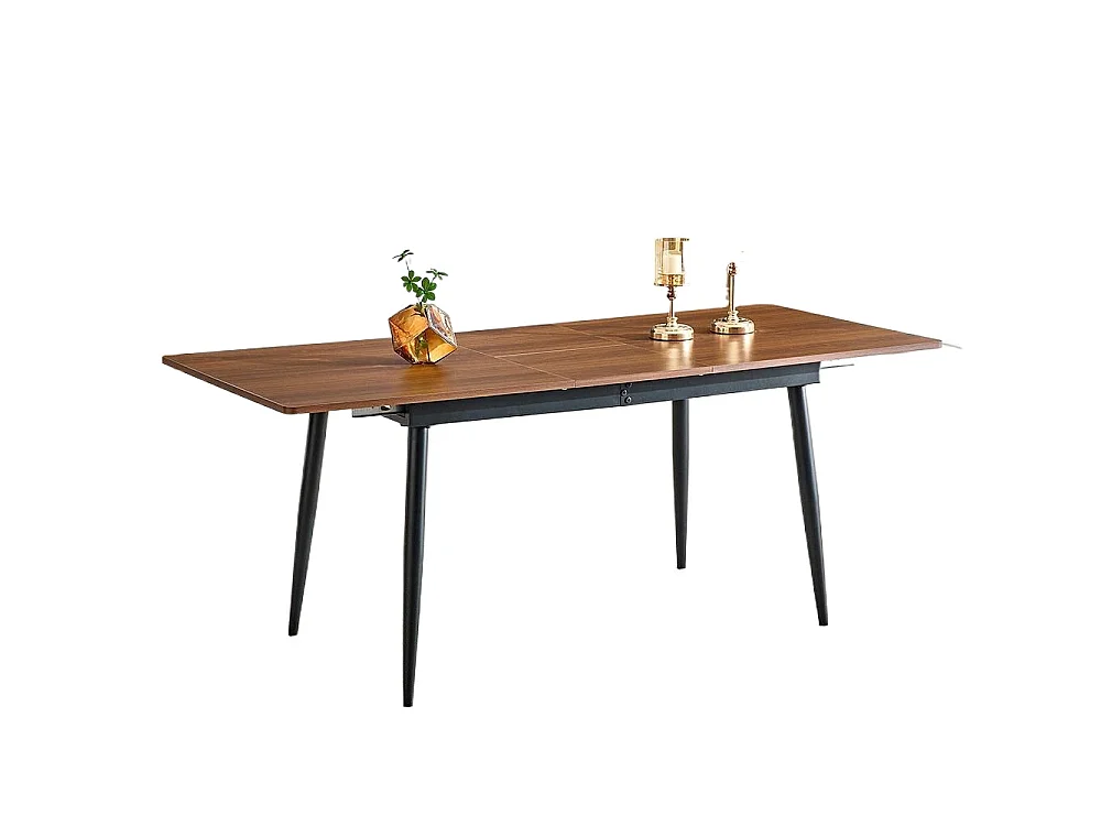 Table de cuisine rectangulaire, finition imitation bois, pieds en métal, pouvant accueillir 6 à 8 personnes, couleur noyer