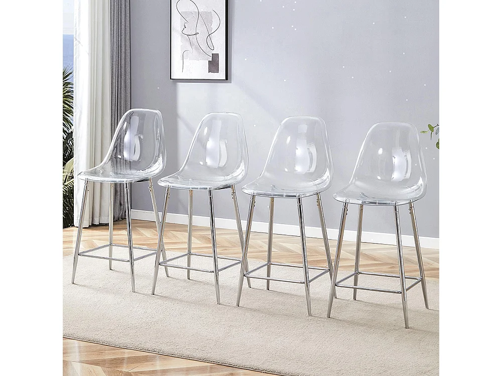 Set van 4 transparante krukken, met metalen frame (alleen krukken, tafel niet inbegrepen), zilverkleurig