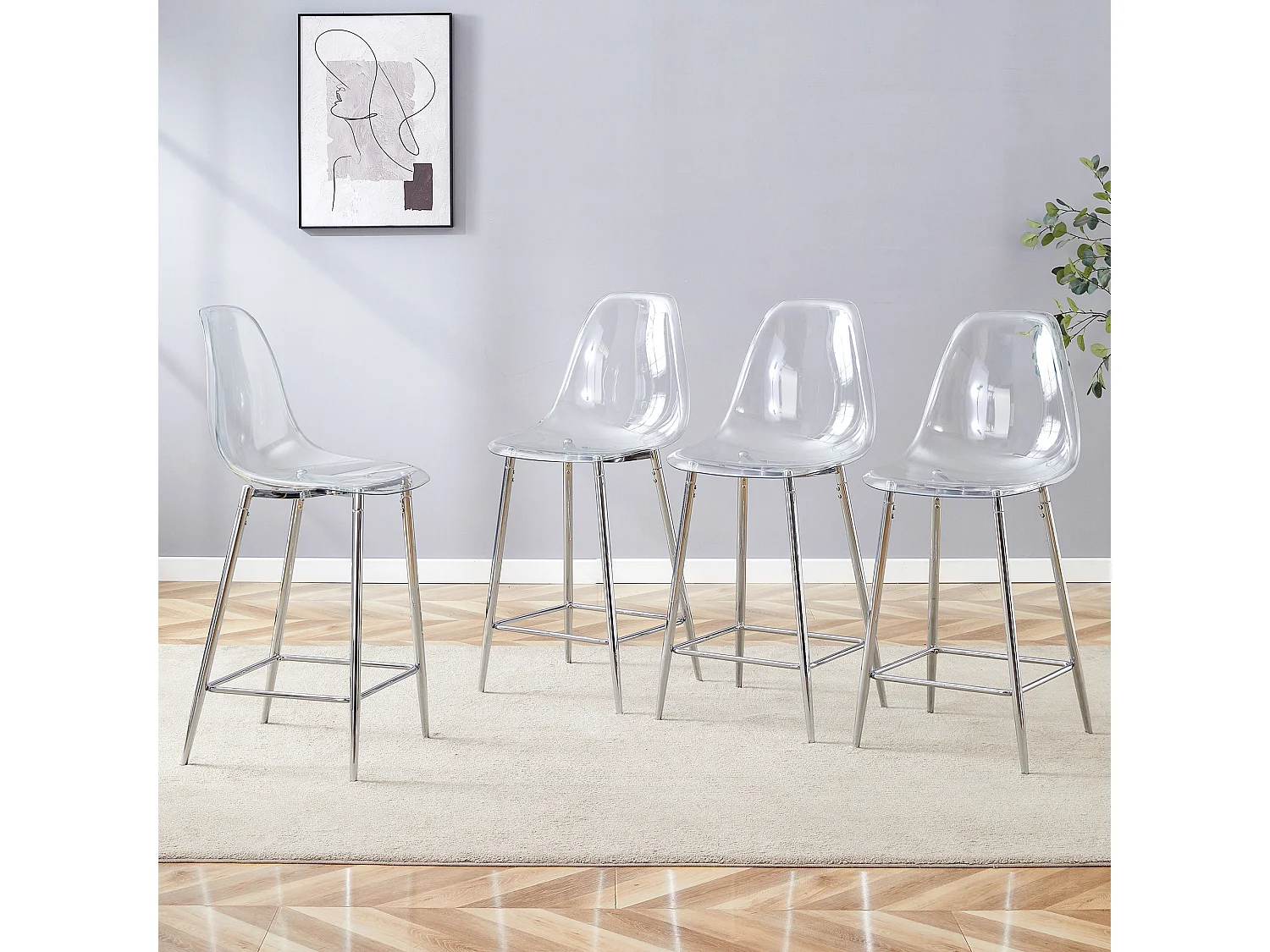 Set van 4 transparante krukken, met metalen frame (alleen krukken, tafel niet inbegrepen), zilverkleurig