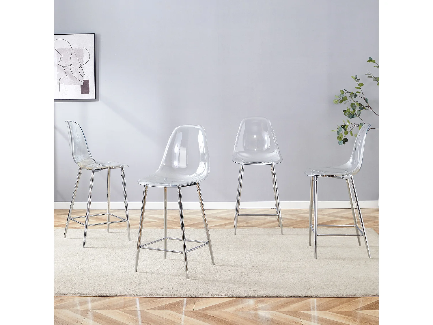 Set van 4 transparante krukken, met metalen frame (alleen krukken, tafel niet inbegrepen), zilverkleurig