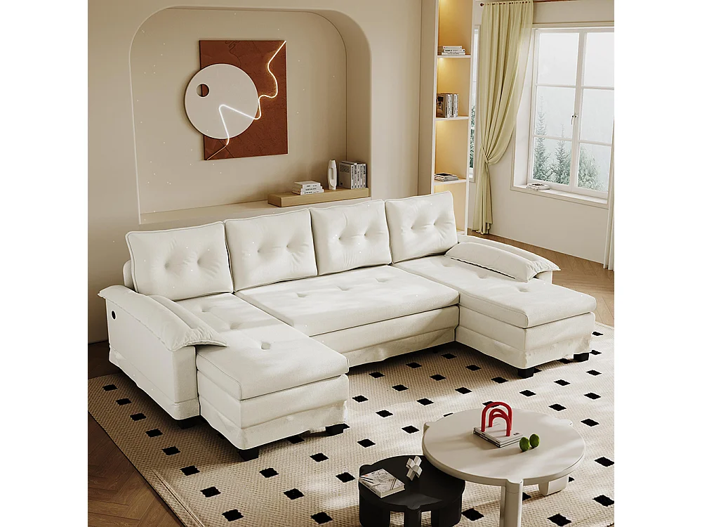 Canapé d'angle convertible 4 places en tissu blanc