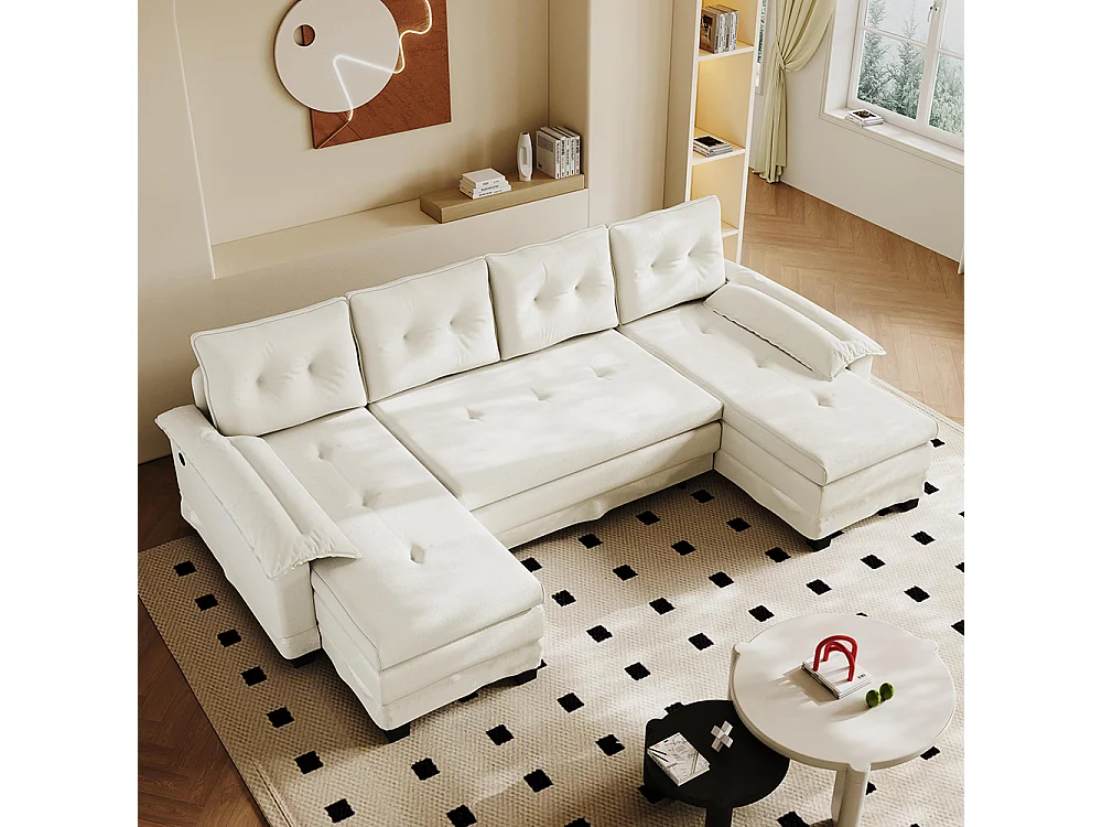 Canapé d'angle convertible 4 places en tissu blanc