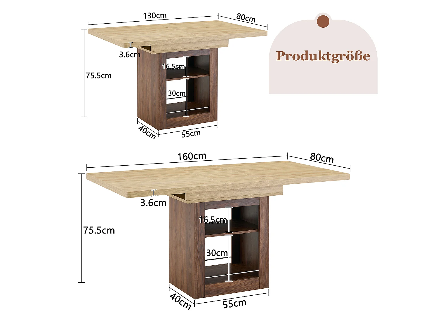 Table à rallonges imitation bois, noyer, en MDF, avec tablette intégrée, couleur naturelle