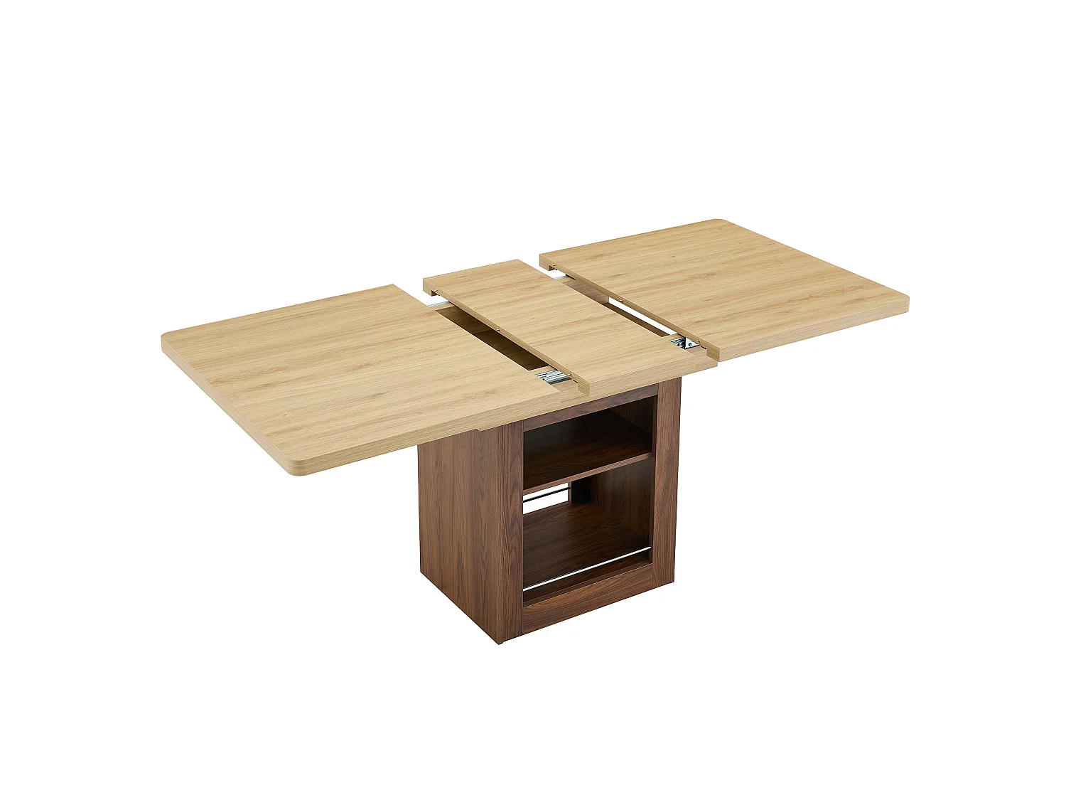 Table à rallonges imitation bois, noyer, en MDF, avec tablette intégrée, couleur naturelle