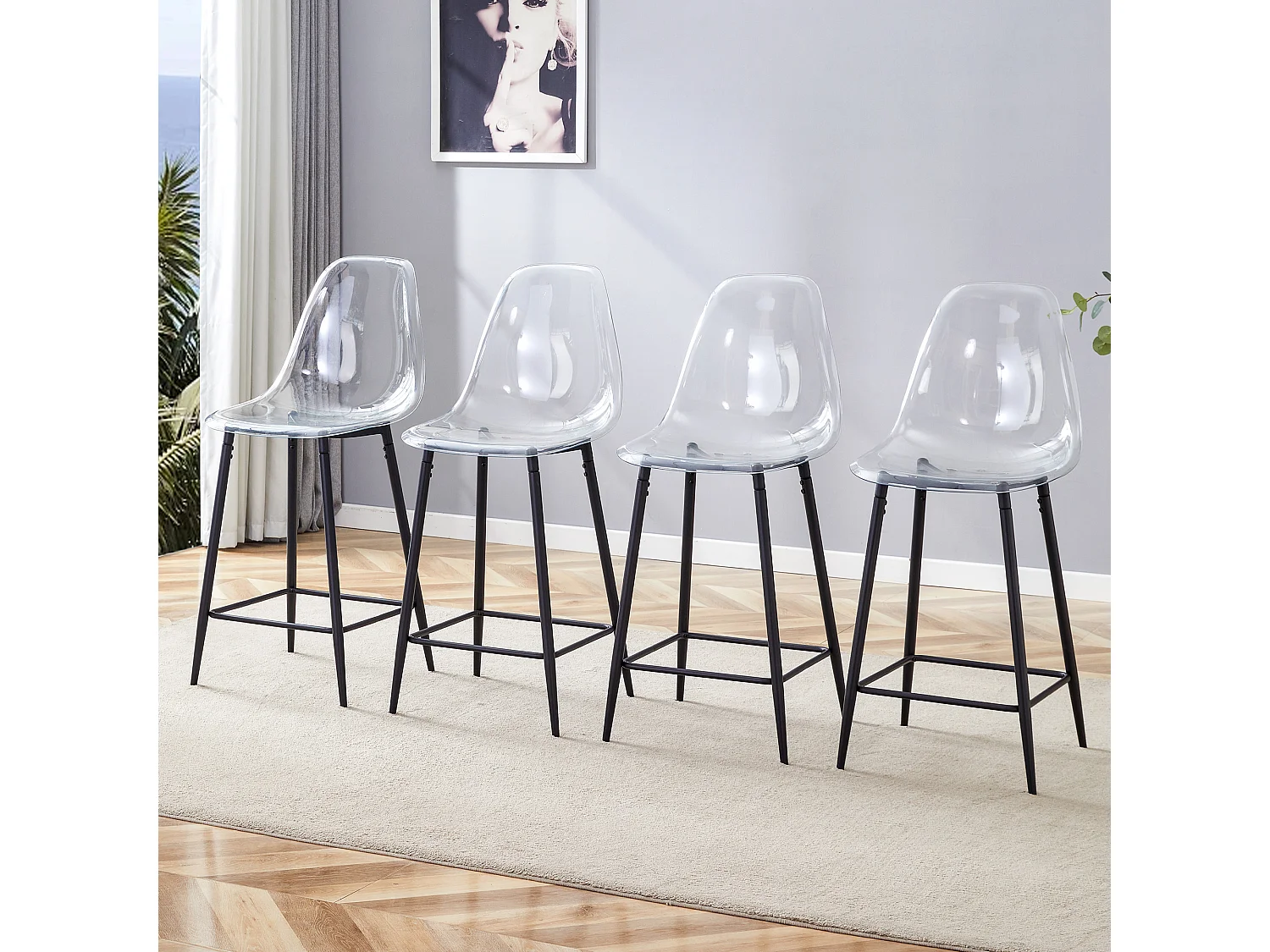 Set van 4 transparante krukken, met metalen frame (alleen krukken, tafel niet inbegrepen), zwart
