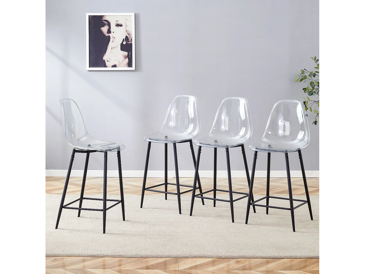 Set van 4 transparante krukken, met metalen frame (alleen krukken, tafel niet inbegrepen), zwart