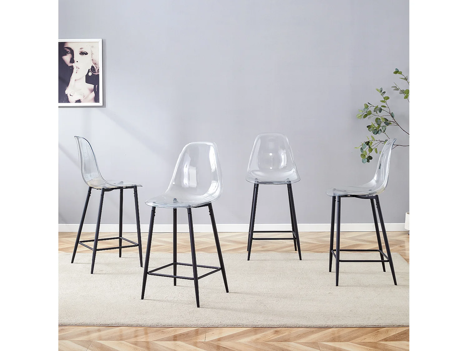 Set van 4 transparante krukken, met metalen frame (alleen krukken, tafel niet inbegrepen), zwart